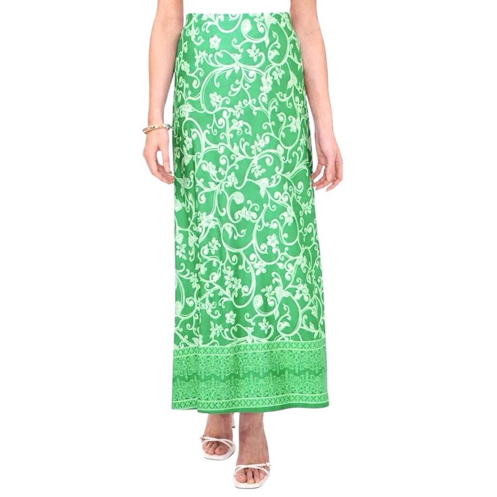 Vince Camuto Maxi Skirt Green Floral Jersey Knit Pull On Size Small